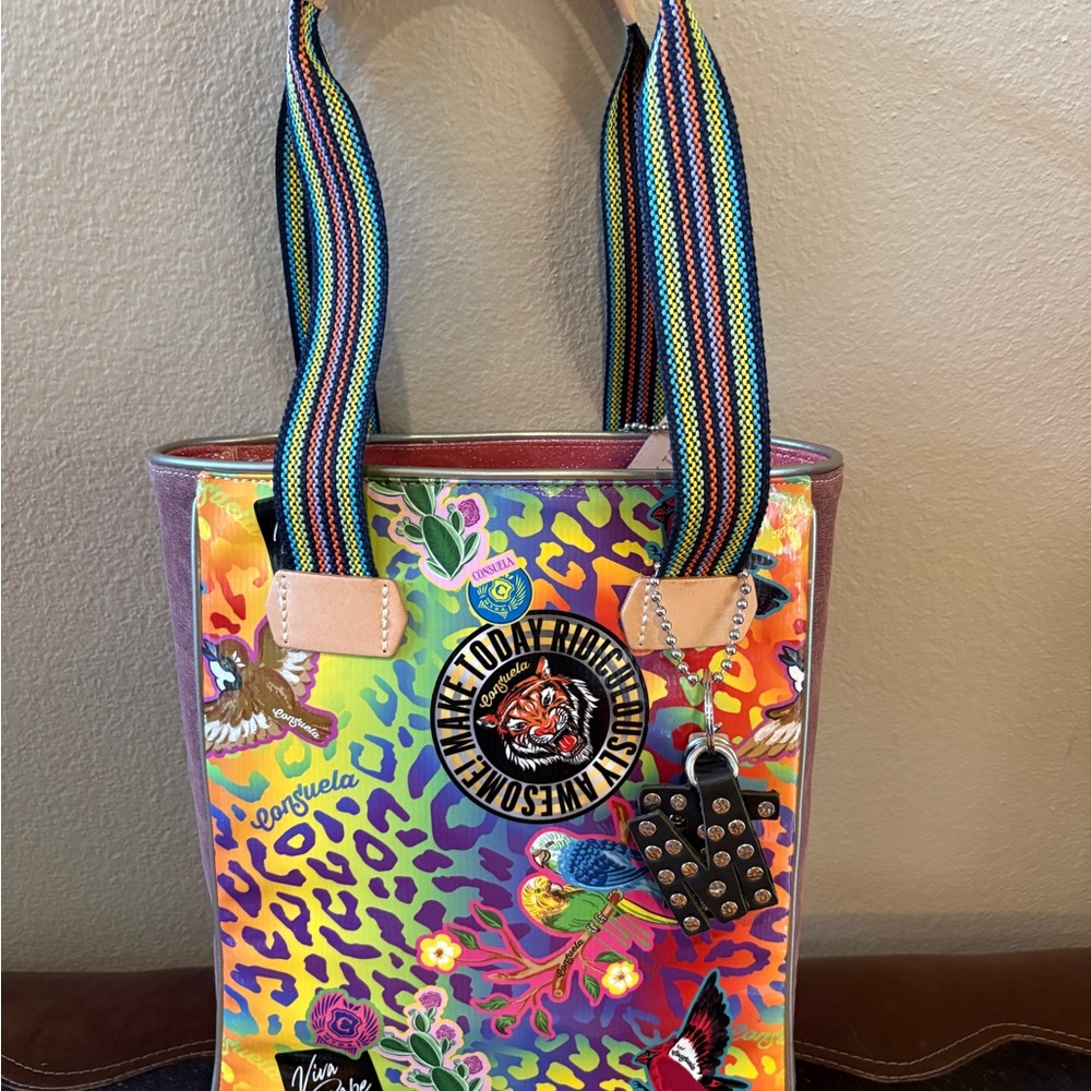 Consuela Multicolor Leopard Tote with Rainbow Handles